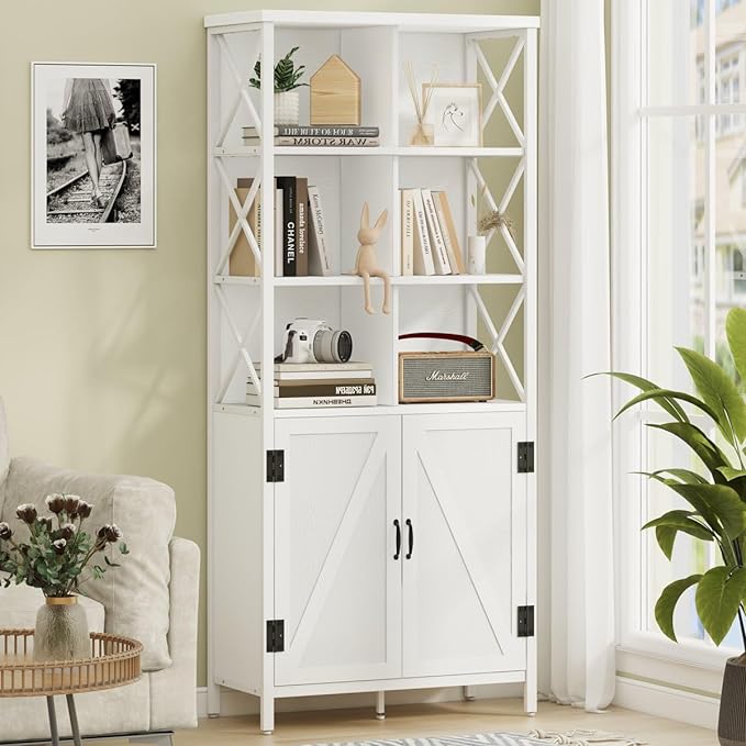 FATORRI Bookshelf with Doors, Modern Tall Bookshelf with Cabinet, Wood Book Shelf and Farmhouse Organizer Storage BookCase for Living Room (White Oak)