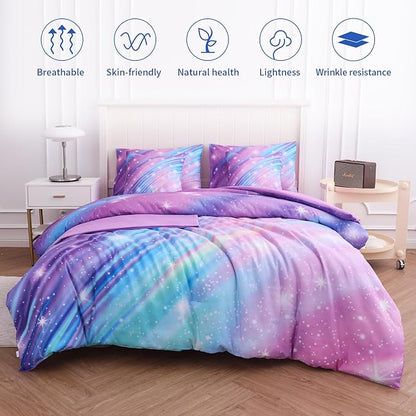Twin Comforter Set for Girls Galaxy Bedding 7pieces, Ombre Bedding Comforter Sets Rainbow Comforter, Glitter Bedding Twin Teen Comforter Sets for Girls (Twill Rainbow)