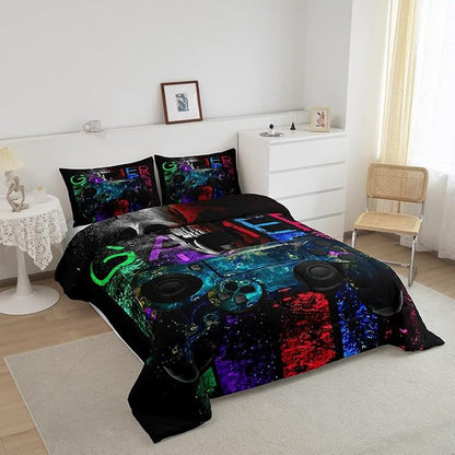 Gamer Bedding Sets for Boys, Gaming Down Comforter Full Size, Gamer Room Decor Bedding Kids Video Games Comforter Set, Sugar Skull Gamepad Bed Duvet Sets for Men Bedroom,with 2 Marble Pillow Sham