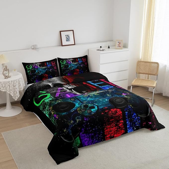 Gamer Bedding Sets for Boys, Gaming Down Comforter Queen Size, Gamer Room Decor Bedding Kids Video Games Comforter Set, Sugar Skull Gamepad Duvet Sets for Men Bedroom,with 2 Marble Pillow Sham