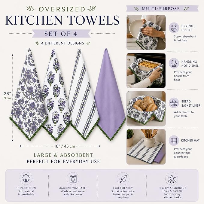TARAN LIVING Printed Kitchen Dish Bar and Tea Towels Cotton, 18x28 inch with Trims, Cotton Dish Towel Sets (White & Purple, Set of 4)