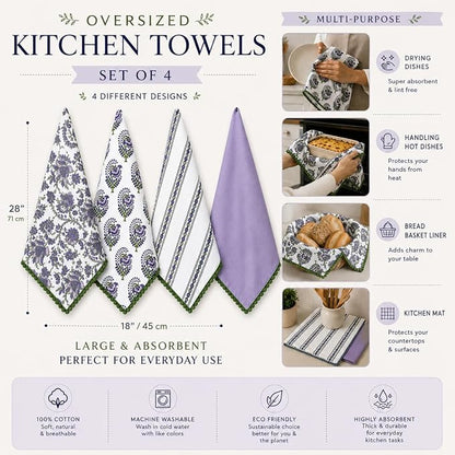 TARAN LIVING Printed Kitchen Dish Bar and Tea Towels Cotton, 18x28 inch with Trims, Cotton Dish Towel Sets (White & Purple, Set of 4)