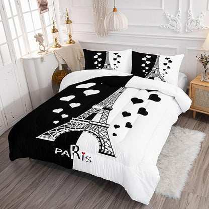 Datura home Kids Comforter Set Eiffel Tower Printed Pattern Bedding Set with 1 Comforter and 2 Pillowcases for Girls Boys Bedroom All Season(Tower1 Full)