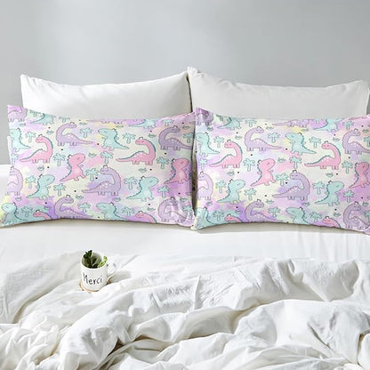 Erosebridal Dinosaur Comforter Set Full Size, Kawaii Dinosaur Bedding Sets for Kids Girls Boys Gift Bedroom Decor, Cartoon Cute Animals Duvet Set,Palm Leaf Down Comforter, Green Purple Pink