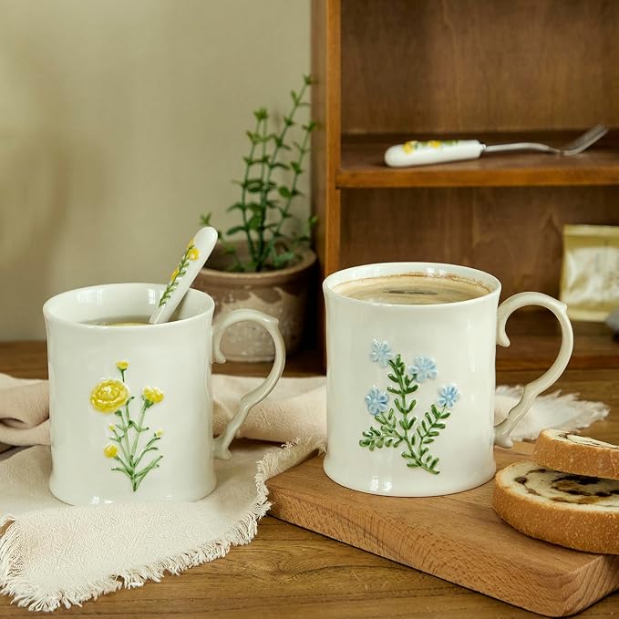 2 Pack Floral Ceramic Coffee Mugs - Yellow and Blue Flowers, Hand-Painted, Microwave & Dishwasher Safe, Ideal for Cappuccino, Tea, Hot Chocolate