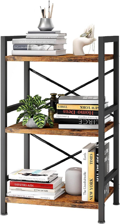 Bookshelf, 3 Tier Industrial Bookcase, Metal Small Bookcase, Rustic Etagere Book Shelf Storage Organizer for Living Room, Bedroom, and Home Office(Rustic Brown) Patent Pending D29873033