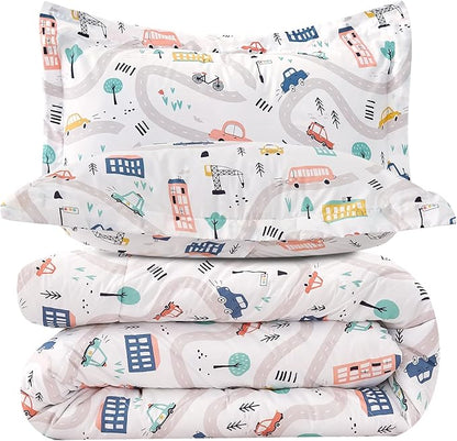 JSD Car Kids Printed Comforter Set for Boys Girls, 2 Pieces Twin Microfiber Comforter with Pillow Sham, Soft Comfortable Machine Washable