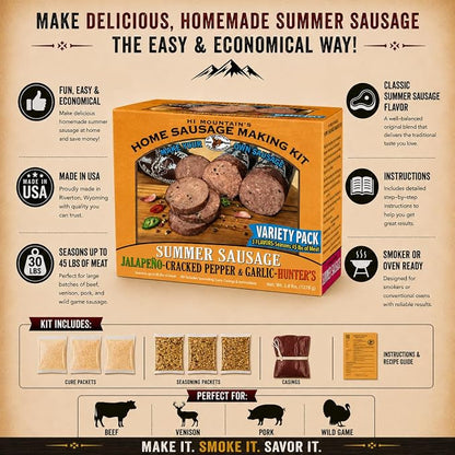 Hi Mountain VARIETY PACK Summer Sausage Kit | JALAPENO, CRACKED PEPPER & GARLIC & HUNTER'S BLEND. Seasoning, cure & 15 casings. Beef, venison, deer, elk. Up to 45 lbs