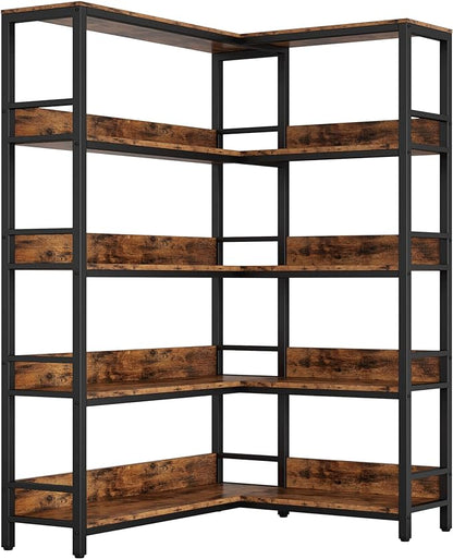 IRONCK Industrial Bookshelves 5 Tiers Corner Bookcases with Baffles Etagere Shelf Storage Rack with Metal Frame for Living Room Home Office