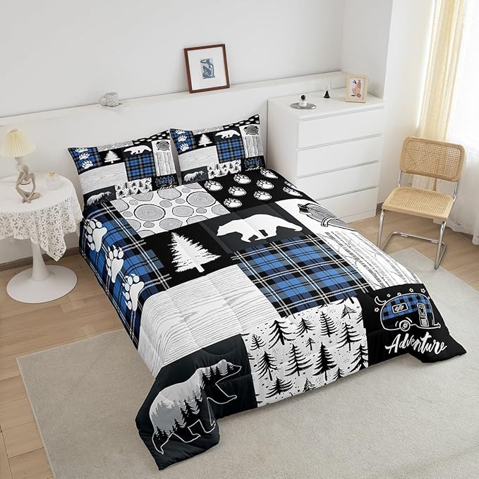 Bear Paws Comforter Set Queen Size,Pine Trees Geometric Plaids Patchwork Bedding Set for Kids Boys Girls Adults Room Decor,Hunting Adventure Down Comforter,Blue Rustic Duvet Insert,2 Pillowcases