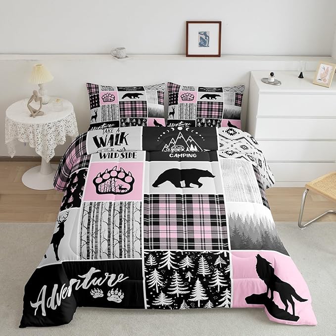 Rustic Farmhouse Comforter Set King Size,Deer Bear Wolf Hunting Animals Bedding Set for Kids Boys Girls Adults Room Decor,Pine Trees Patchwork Down Comforter,Pink Xmas Duvet Insert,2 Pillowcases