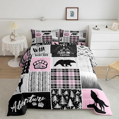 Rustic Farmhouse Comforter Set Queen Size,Deer Bear Wolf Hunting Animals Bedding Set for Kids Boys Girls Adults Room Decor,Pine Trees Patchwork Down Comforter,Pink Xmas Duvet Insert,2 Pillowcases