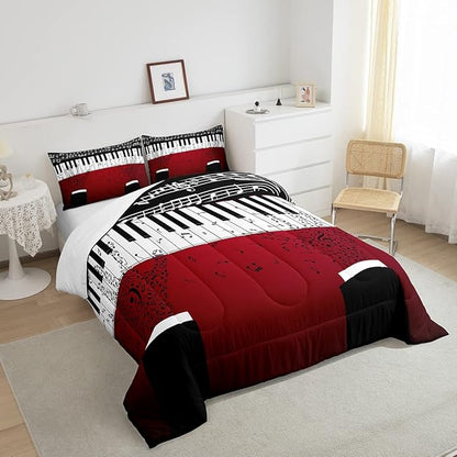 Erosebridal Music Notes Comforter Set for Kids Boys Teens Men Piano Keys Down Comforter Queen Size Rock Musical Bedding Set Play Piano Duvet Sets Music Bedroom decor with 2 Pillow Cases Red Black