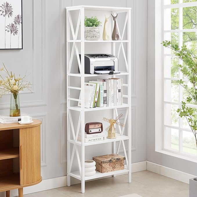 HOMISSUE Bookshelf, 6-Tier Tall Bookshelf, Rustic Wood Metal Bookshelves and Bookcases, Freestanding Open Bookshelf, Industrial Bookcase for Home Office, Living Room and Bedroom, White