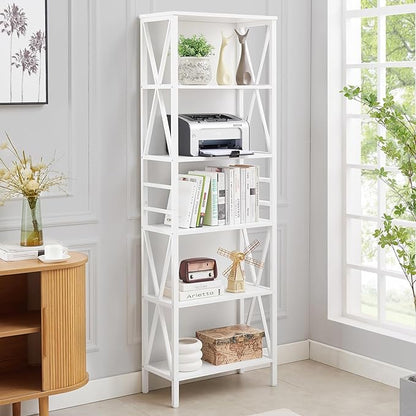 HOMISSUE Bookshelf, 6-Tier Tall Bookshelf, Rustic Wood Metal Bookshelves and Bookcases, Freestanding Open Bookshelf, Industrial Bookcase for Home Office, Living Room and Bedroom, White