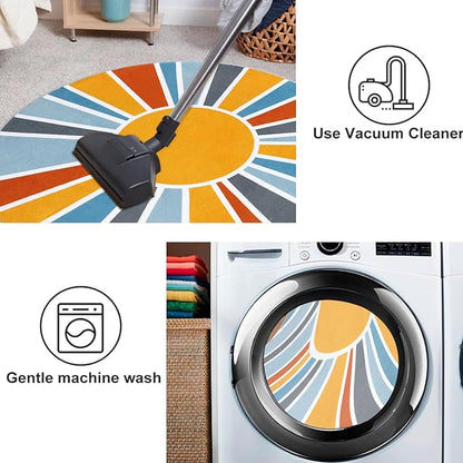 Topotdor Sun Rainbow Round Rug 4ft Boho Kids Nursery Rug, Colorful Washable Area Rug Ultra Soft Circle Classroom Rug Non-Slip for Bedroom Living Room Playroom Decor, Blue