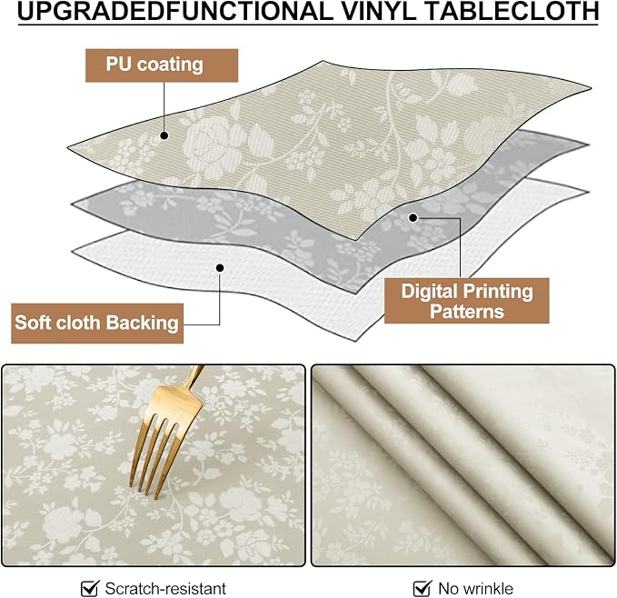 Smiry Rectangle Waterproof Heavy Duty Vinyl Tablecloths, 52 x 70 Inch | Wipeable Washable Floral Embossed Table Cover for Kitchen and Dining Room, Indoor & Outdoor Use, Sand