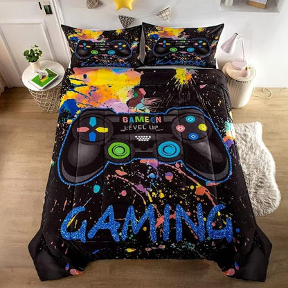 Gamer Comforter Sets for Teen Boys,Gaming Bedding Sets Queen,Video Game Bedspread,Game Gamepad Bed Set,Controller Bedding Gamer Home Decor 3 Piece 1 Comforter and 2 Pillowcases