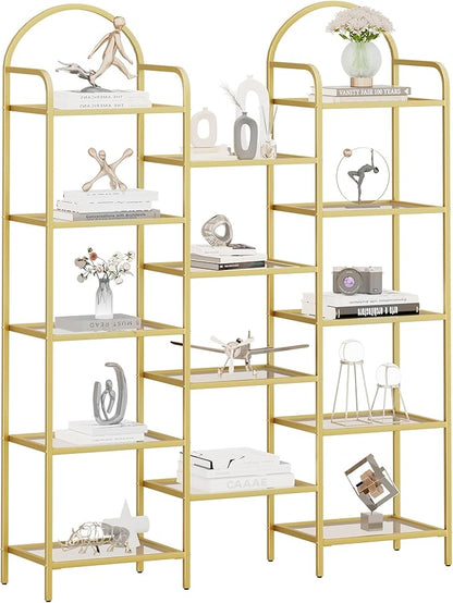 5 tier Bookcase Bookshelf, Tempered Glass Bookshelves, Triple Wide Glass Storage Rack with 14 Open Storage Spaces, Display Shelf for Living Room, Home Office, Bedroom, Gold BC50101G