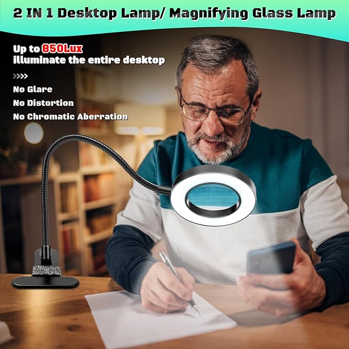 10X Magnifying Glass with Light, Clip on Mganifier with Light, 48 LED Desk Magnifying Glass wtih Clamp, 3 Modes Dimmable Magnifying LED Lamps for Bed Work Crafts DIY Repair
