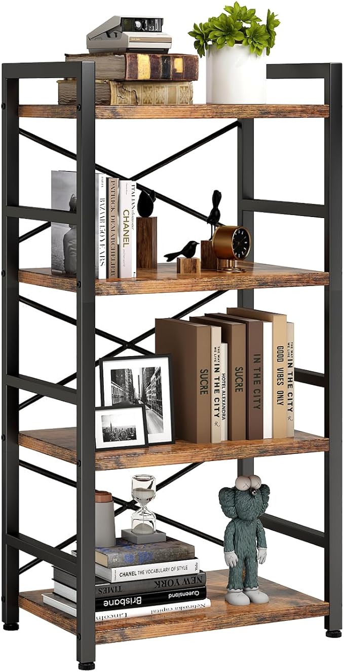 Bookshelf, 4 Tier Small Bookcase, Organizers and Storage, Metal Small Bookcase, Rustic Book Shelf Organization and Storage for Living Room, Bedroom, and Home Office(Rustic Brown)
