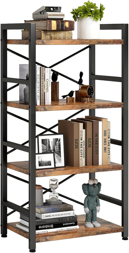 Bookshelf, 4 Tier Small Bookcase, Organizers and Storage, Metal Small Bookcase, Rustic Book Shelf Organization and Storage for Living Room, Bedroom, and Home Office(Rustic Brown)