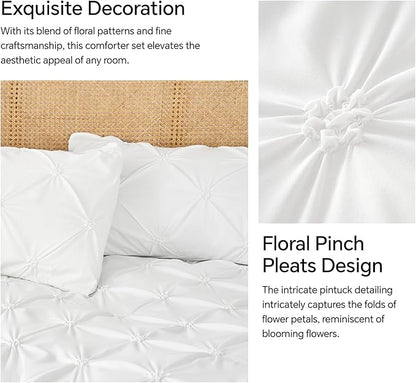 BEDELITE White King Size Comforter Set - 3 Pieces Boho Pintuck Bedding Comforter Sets, Lightweight Soft & Warm King Bedding Set with 2 Pillowcases for All Season