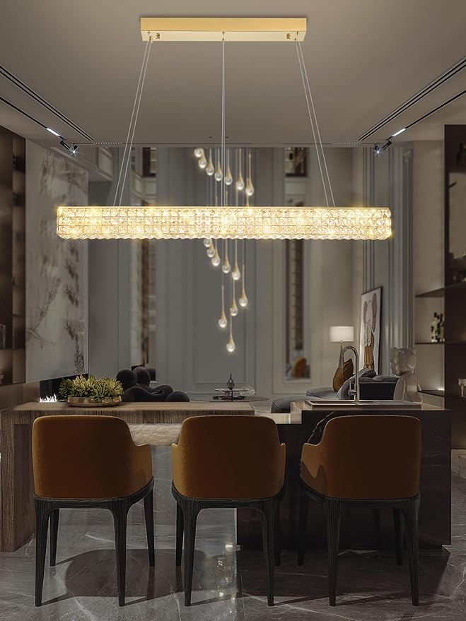 W48 Rectangular Gold Crystal Chandelier Modern Rectangle Pendant Ceiling Light Fixture for Living Room Dining Room Kitchen Island Bar