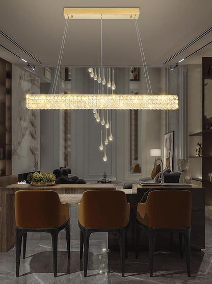 W48 Rectangular Gold Crystal Chandelier Modern Rectangle Pendant Ceiling Light Fixture for Living Room Dining Room Kitchen Island Bar