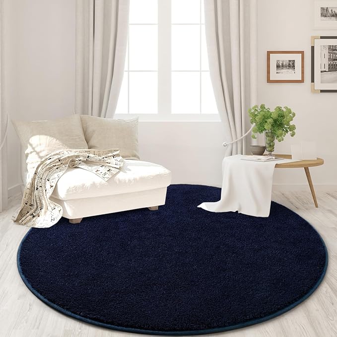 Round Area Rugs for Bedroom Living Room, 4x4 Navy Blue Super Soft Comfy Thickened Memory-Foam Indoor Circle Carpets, Modern Aesthetic Minimalist Carpet for Boys Girls Adults Nursery Home Décor