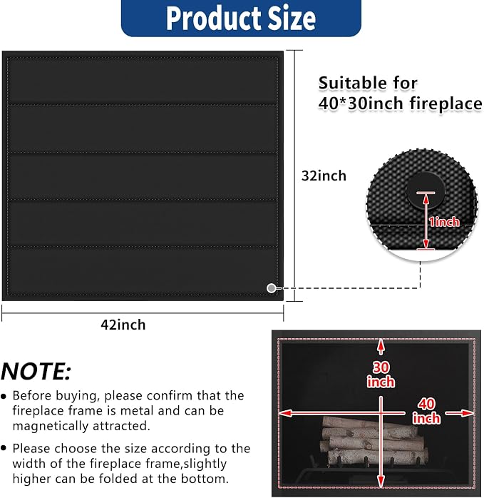 Fireplace Cover, Magnetic Fireplaces Blocker Blanket Stops Heat Loss, Indoor Fireplace Draft Stopper Save Energy, Magnetic Fire Place Draft Cover for Iron Fireplaces Frame (42"x32")