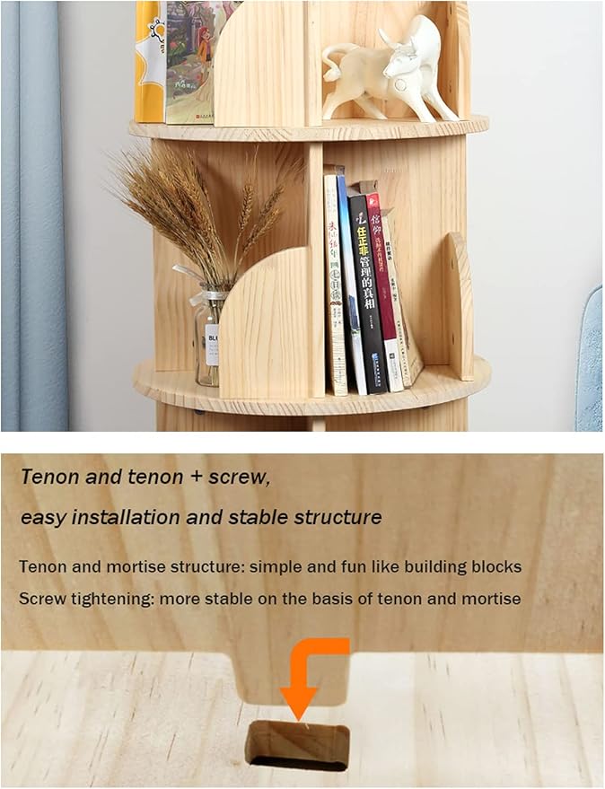 Rotating Bookshelf 360 Degrees, 4 Tier Stackable Solid Wood Bookshelf Organizer, Storage Display Rack Floor Standing Bookcase for Kids&Adults (51"x18"x18")…