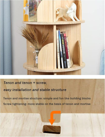 Rotating Bookshelf 360 Degrees, 4 Tier Stackable Solid Wood Bookshelf Organizer, Storage Display Rack Floor Standing Bookcase for Kids&Adults (51"x18"x18")…
