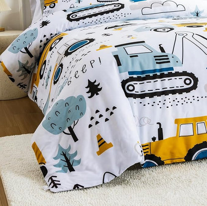 NTBED Construction Truck Twin Comforter Set for Boys Kids Forest Vehicles Excavator Tractor Lightweight Microfiber Cars Bedding Sets
