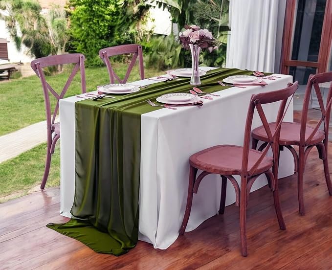 Pack of 20 | Olive Green | 10ft Chiffon Table Runner 29x120 Inches Long Romantic Rustic Sheer Gauze Runner for Wedding Bridal Shower Birthday Banquets Engagement Spring Easter Boho Decorations