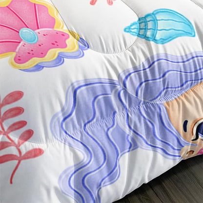 Mermaid Comforter Set Full Size Fairy Tale Sea Shell Grass Bedding Set Starfish Quilt Bed Set for Kid Girls with 1 Comforter and 2 Pillowcases