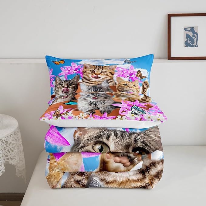 Feelyou Kids Cute Cat Bedding Set Cartoon Pet Cats Kittens Comforter Set Cat Lovers Animal Themed Comforter for Boys Girls Purple Floral Butterflies Print Comforter Room Decor King Size Boys