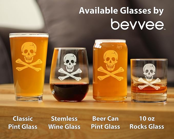 Bevvee Skull and Crossbones Stemless Wine Glass - Skull Decor and Jolly Roger Flag Gifts - Large 17 Oz Glasses