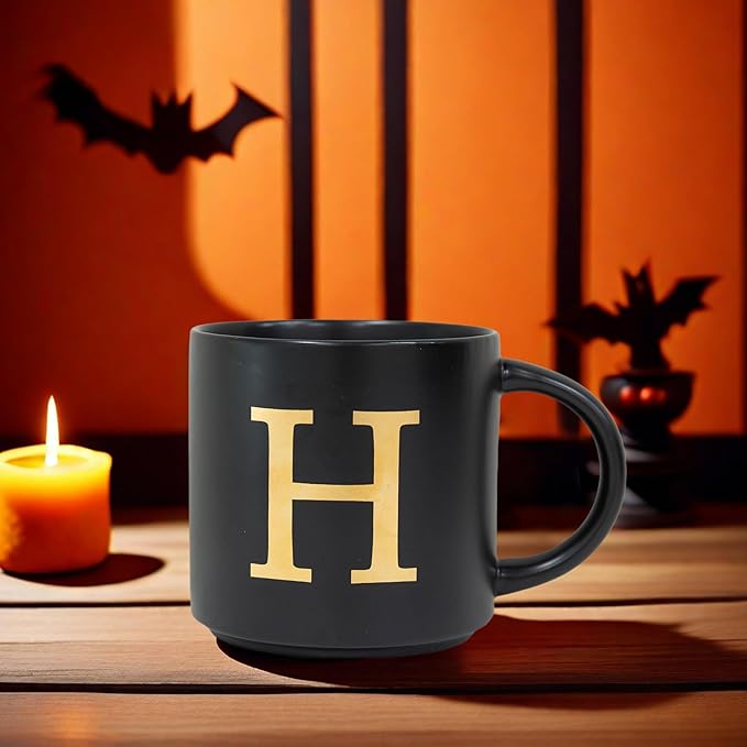 COLLECTIVE HOME - Monogram Ceramic Mugs, 15 oz Golden Initial Black Coffee Cups, Elegant Alphabet Tea Mugs, Elegant Personalized Mug with Gift Box, Unique Mug with Double Side Capital Lette (H)