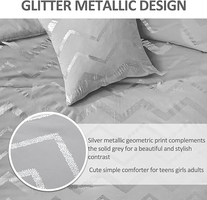 Grey and Silver Comforter Set Queen Metallic Print Geometric Bedding Set, 4 Pieces Lightweight Microfiber Bed Set for Teen Kids Boys (2 Pillow Shams + 1 Decorative Pillow Sham)