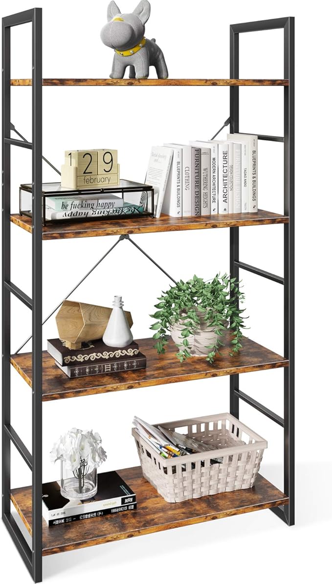ODK Bookshelf, 4 Tier Shelf Storage Organizer, Modern Book Shelf with Metal Frame for Bedroom, Living Room and Home Office, Rustic Brown