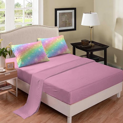 NINENINE Girls Bedding Twin Size 5PCS Rainbow Comforter Twin Size Bedding Sets for Girls Pink Comforter Set(1Comforter, 1Flat Sheet, 1Fitted Sheet, 2Pillowcases)…