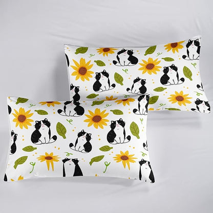 Kawaii Cat Comforter Twin Size,Sunflower Cat Comforter Set for Kids Teens Girls Boys,3Pcs Bedding Set Printed Comforter with 2 Pillowcases,Down Alternative,Soft and Lightweight，Twin Size