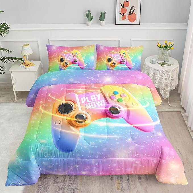 Datura home Bedding Comforter Set Rainbow Gamepad Printed Pattern Quilt with 1 and 2 Pillowcases for Girls Bedroom All Season(Rainbow Twin) Twin 68x86inches