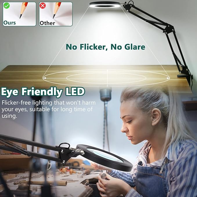 Magnifying Glass with Light and Stand, Veemagni 8X Real Glass 2-in-1 Desk Lamp & Clamp, 3 Color Modes Stepless Dimmable, LED Lighted Magnifier with Light for Hobby Reading Crafts Repair Close Works