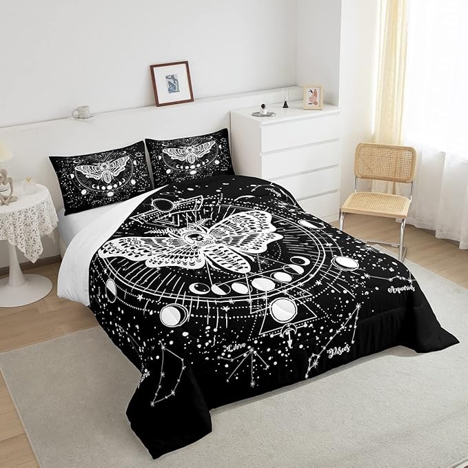 Kids Boho Moth Comforter Set Queen Boys Gothic Skull Bedding Set For Men Women Bedroom Decor Bohemian Moon Starry Sky Comforter Exotic Moth Skull Skeleton Bones Duvet Set Teens Quilt Set, Black White