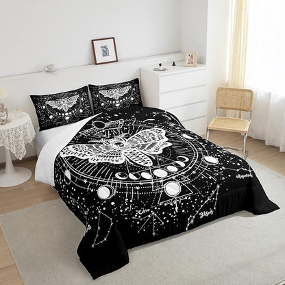 Gothic Decor Comforter Set Twin Size Boys Boho Moth Down Comforter Men Gothic Sugar Skull Comforter Galaxy Starry Sky Halloween Gothic Bedding For Kids Girls Women Bedroom Decor, Black White