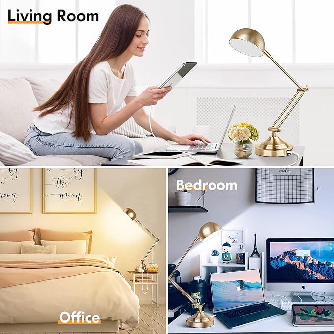 Architect Gold Desk Lamp Dimmable with USB Port, Adjustable Touch Control Vintage Desk Lamp 3 Color Modes, Brass Metal Desk Lamp Retro Style Reading Light for Home Office Desk Bedside Table