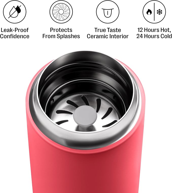 Fellow 12 oz Carter Move Travel Mug - Vacuum-Insulated Stainless Steel Travel Coffee Mug - Coffee Tumbler with Ceramic Interior and Splash Guard - Coral Crush