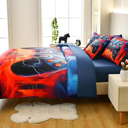 Game Console Twin Comforter Set with Sheets, Microfiber 6 Pcs Bed in A Bag Twin Size Gamer Bedding Set for Boys Kids Teens
